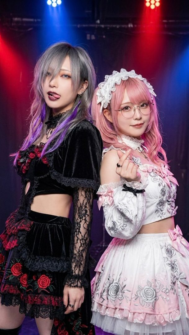 Two women in gothic and sweet lolita fashion pose back-to-back under red and blue stage lights, one with silver and purple hair sticking out her tongue, and the other with pink hair making a heart gesture.