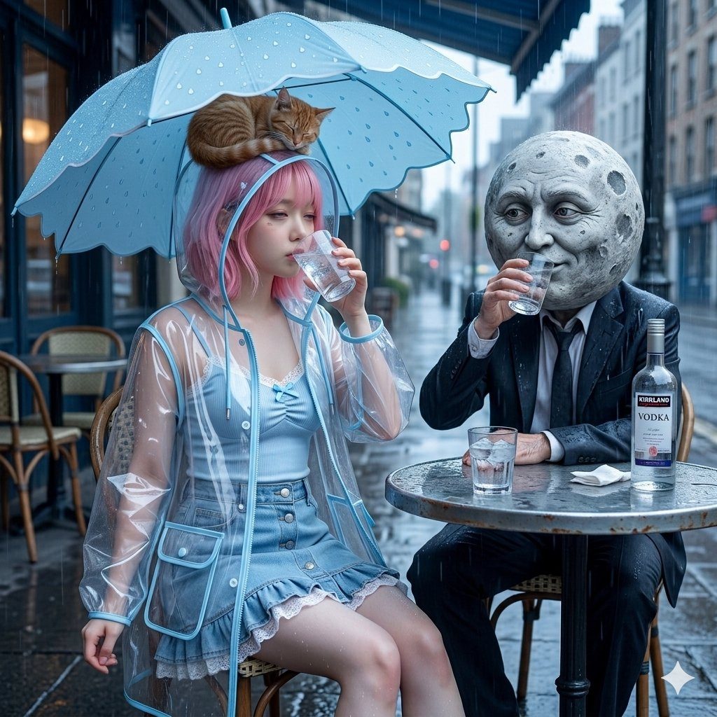 A pink-haired woman in a clear raincoat and denim skirt sits at an outdoor cafe table in the rain with a man wearing a moon mask, both drinking water.