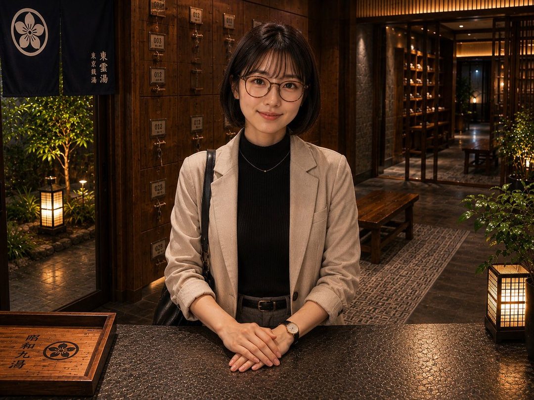 A young woman with short black hair and glasses, wearing a beige blazer and black turtleneck, stands behind a counter in a traditional Japanese setting with wooden lockers and warm lighting.