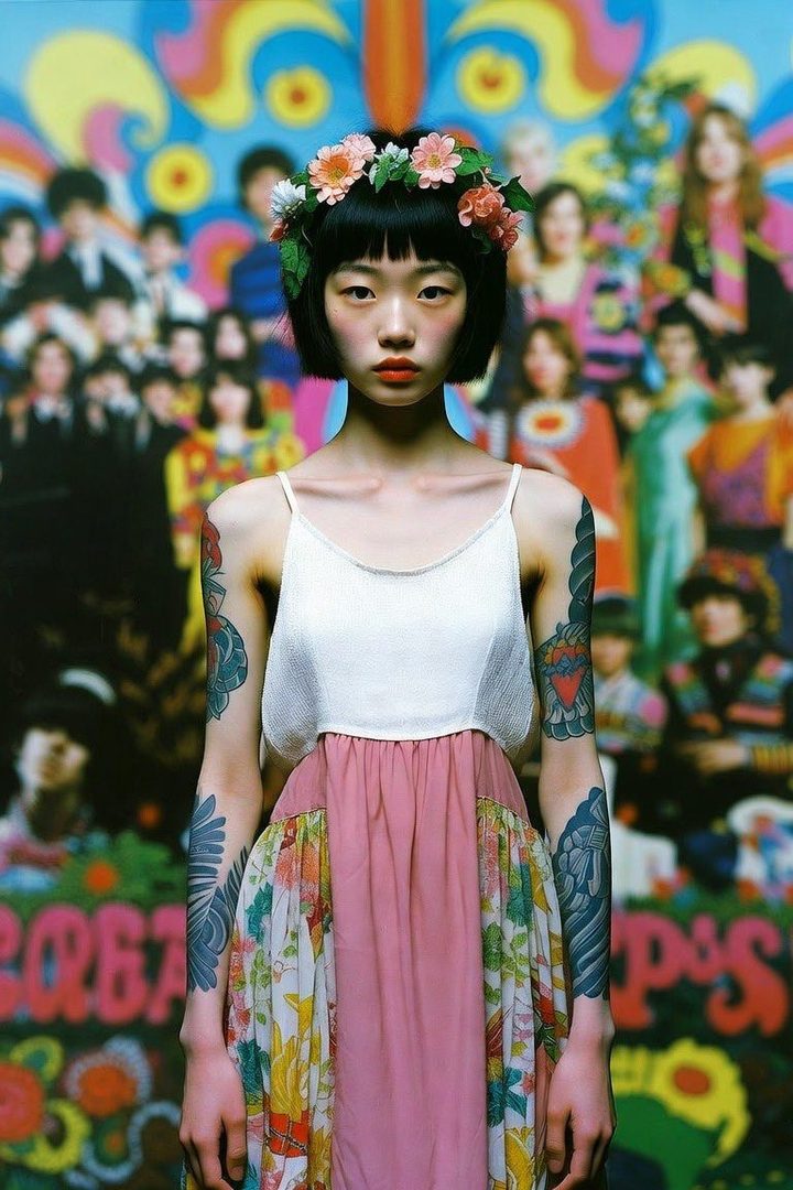 A young woman with a flower crown and tattoos on her arms stands in front of a colorful, psychedelic background.