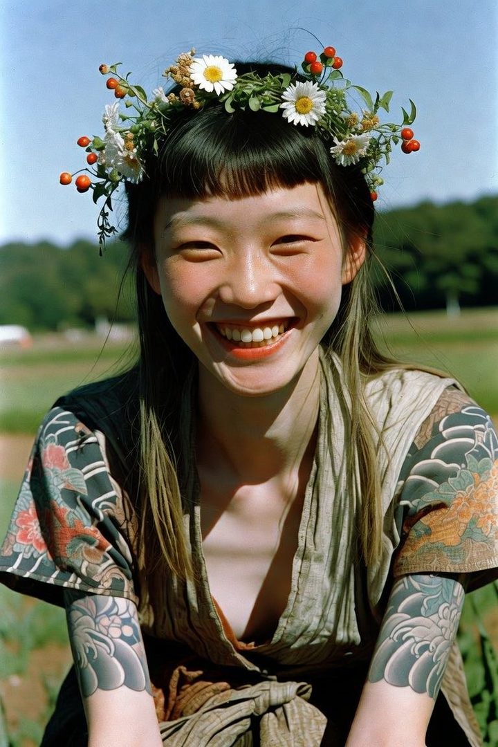 A smiling young woman with a flower crown and traditional Japanese attire with tattoos on her arms, in an outdoor setting.