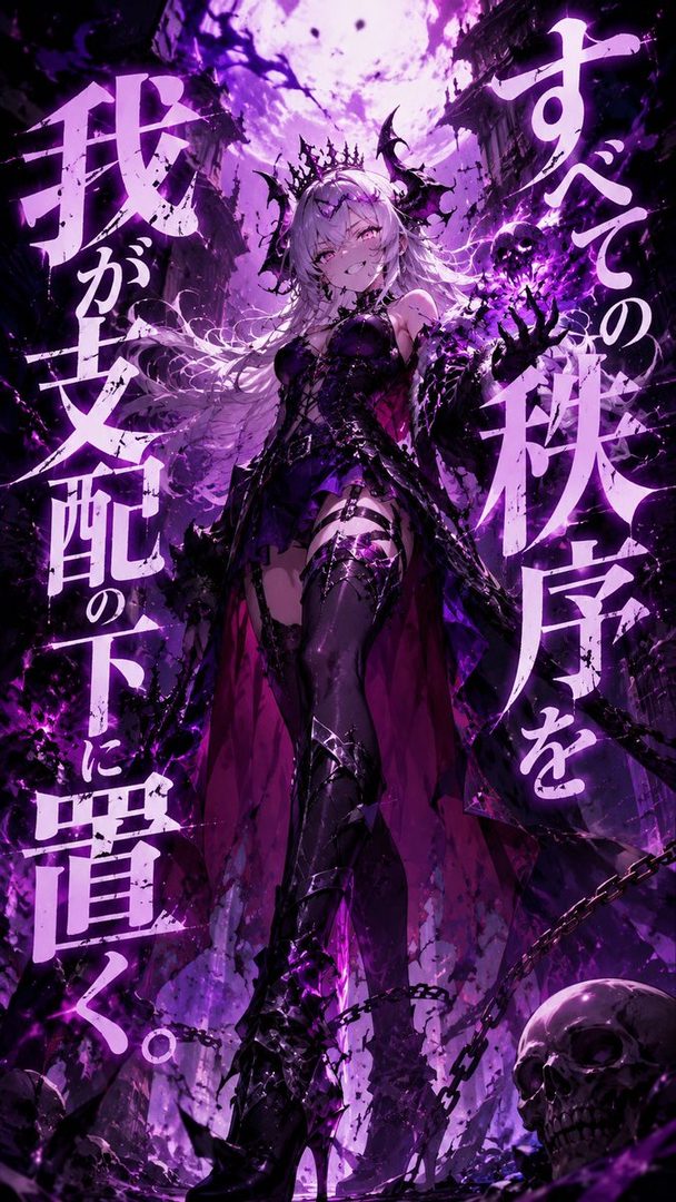 An anime-style illustration of a powerful demon queen with white hair and a crown, dressed in a gothic purple and black outfit, surrounded by dark magic and skulls.