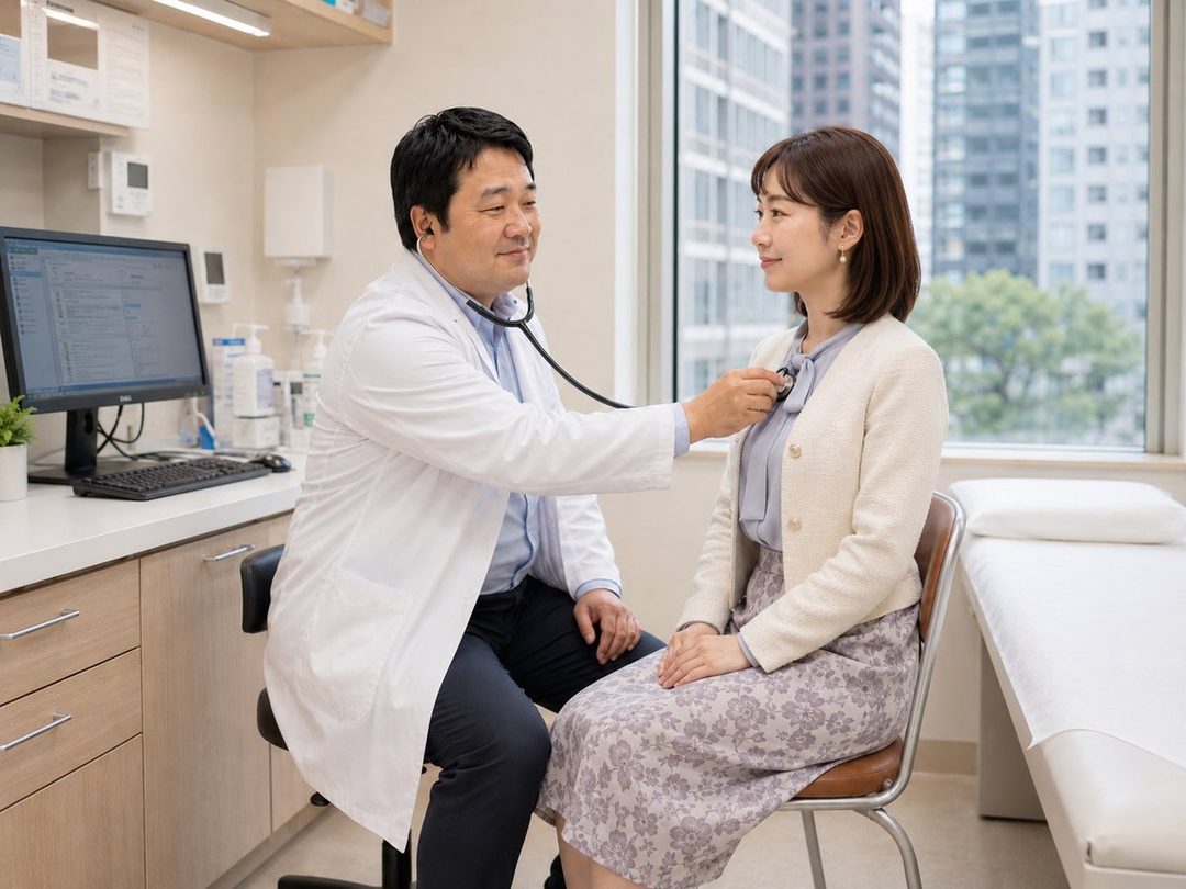 A male doctor in a white lab coat uses a stethoscope to examine a female patient in a doctor's office with a city view outside the window.
