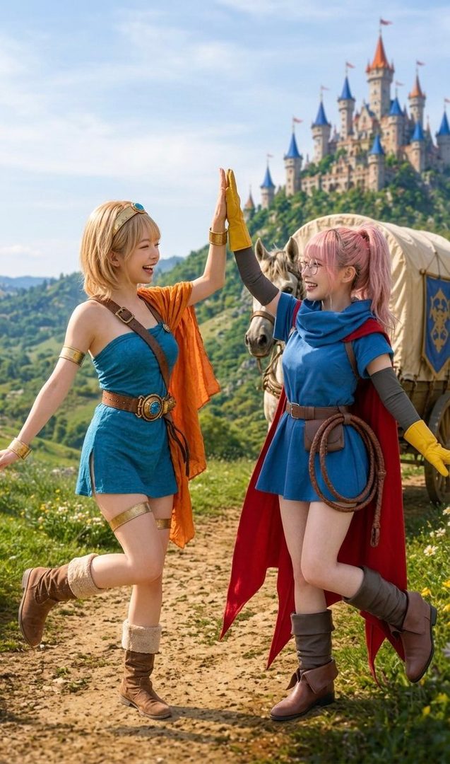 Two women in Dragon Quest cosplay outfits high-fiving in a fantasy landscape with a castle in the background.