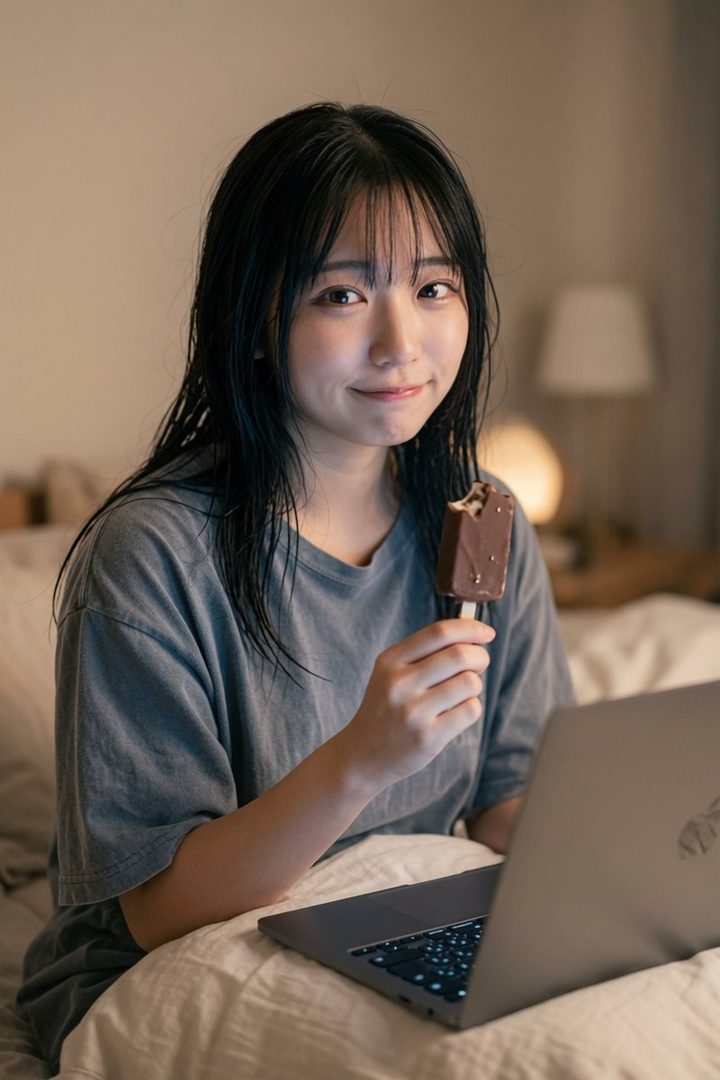 A young woman with long black hair and bangs is sitting indoors, eating an ice cream bar while looking at a laptop.