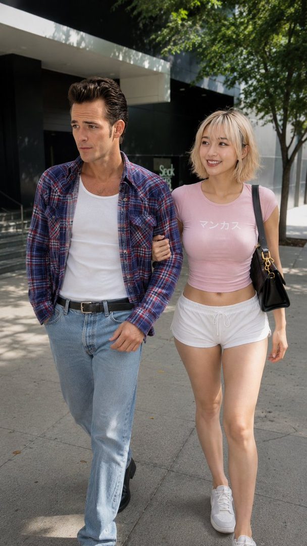 A man and a woman walk arm-in-arm down a city street on a sunny day.