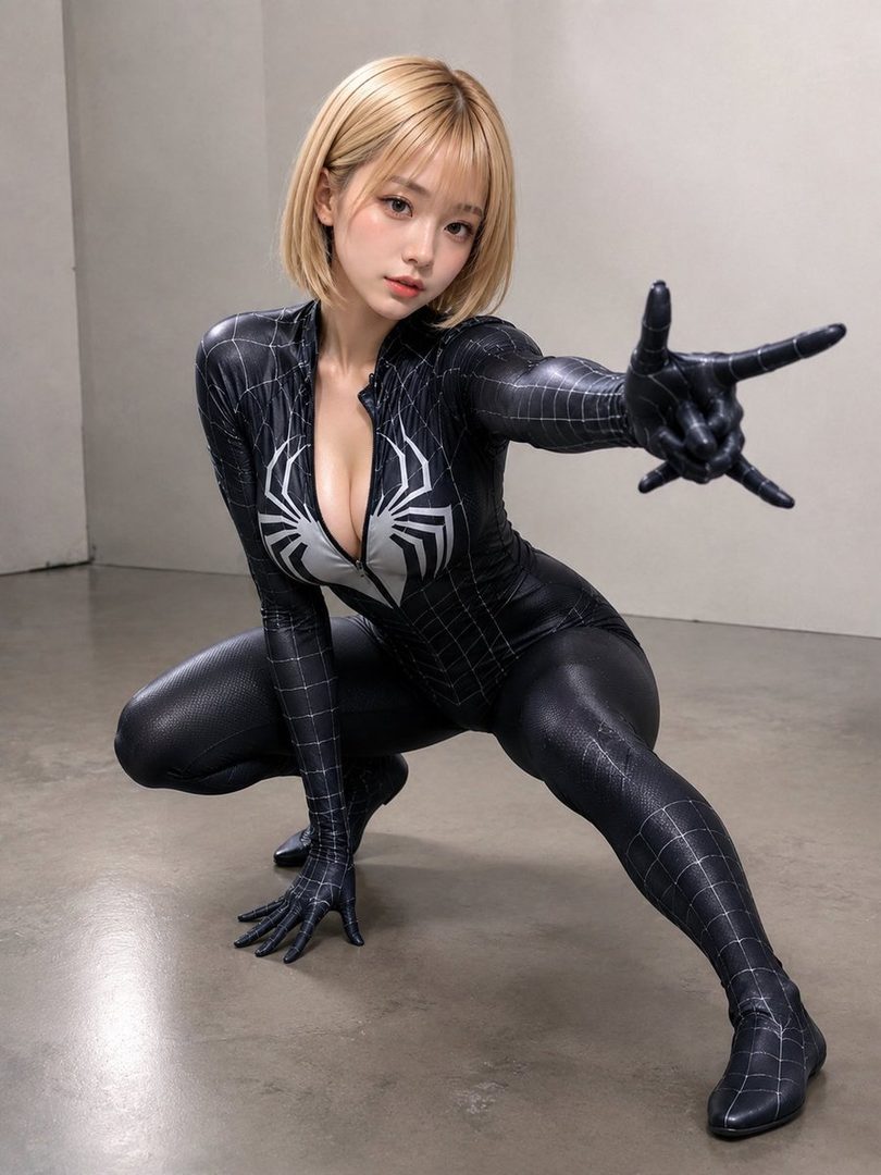 A woman in a black Spider-Man costume with a deep V-neck poses in a crouch, extending her hand as if shooting a web.