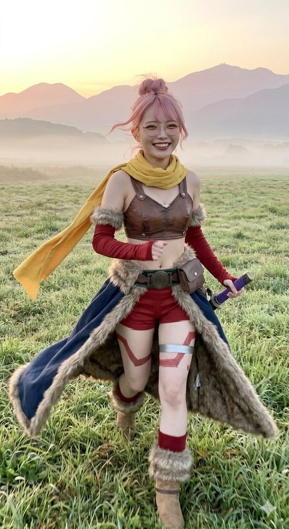 A joyful woman with pink hair in a messy bun and glasses, dressed in a fantasy adventurer costume with a fur-trimmed cloak and leather top, stands in a misty field with mountains in the background during golden hour.