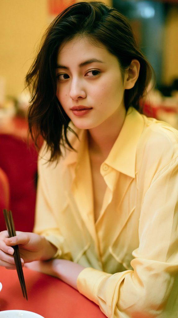A photorealistic portrait of a young East Asian woman with short black hair, wearing a yellow blouse, holding chopsticks at a table indoors.