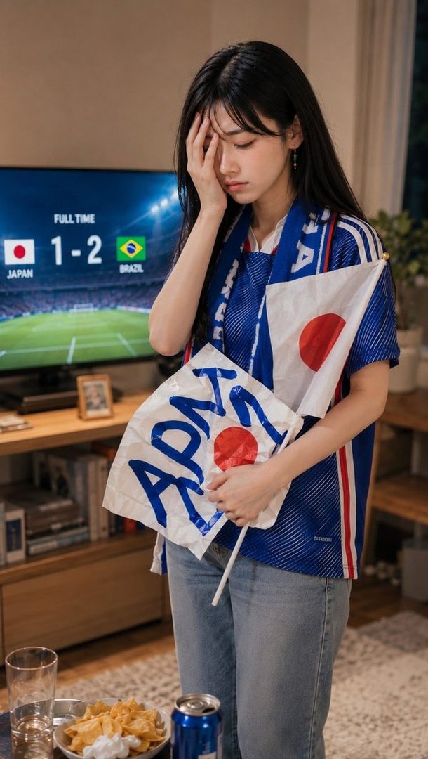A young woman in a blue soccer jersey and jeans holds Japanese flags, looking disappointed as a TV in the background shows Japan losing to Brazil 1-2.