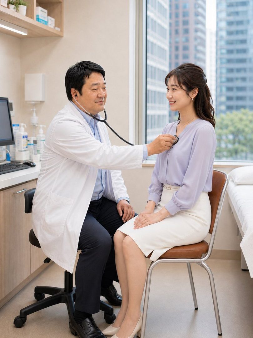 A male doctor in a white lab coat uses a stethoscope to examine a female patient in a light purple blouse and white skirt in a modern doctor's office with a city view.