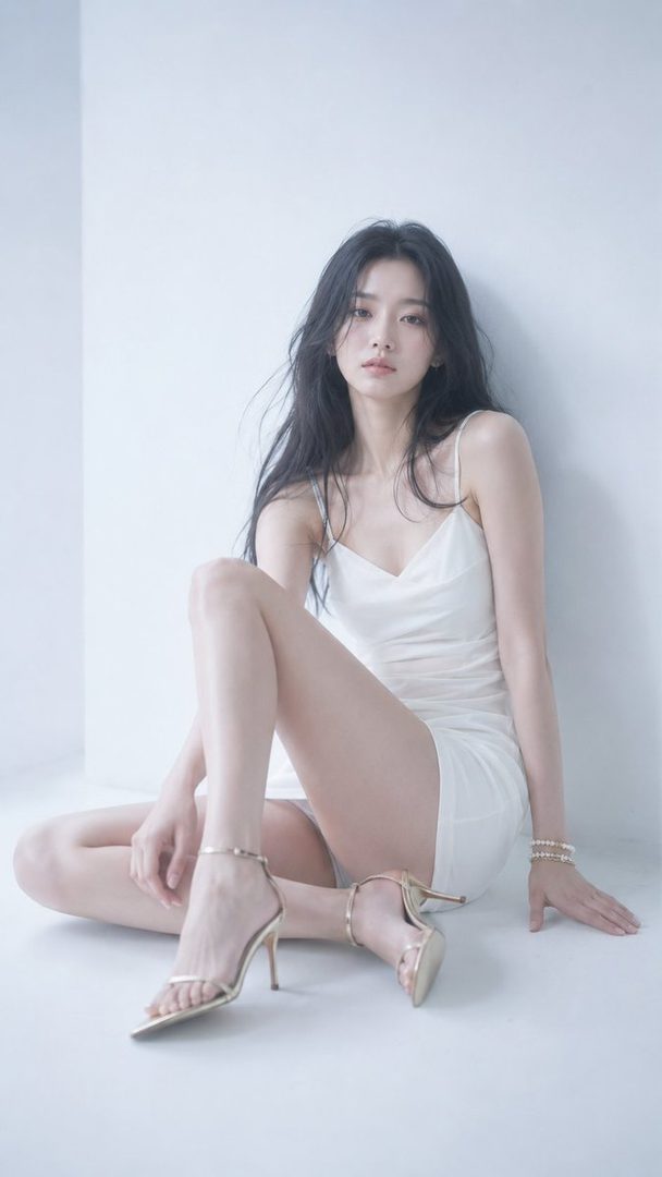 A young East Asian woman with long black hair sits on a white floor in a studio, wearing a white slip dress and gold high heels.