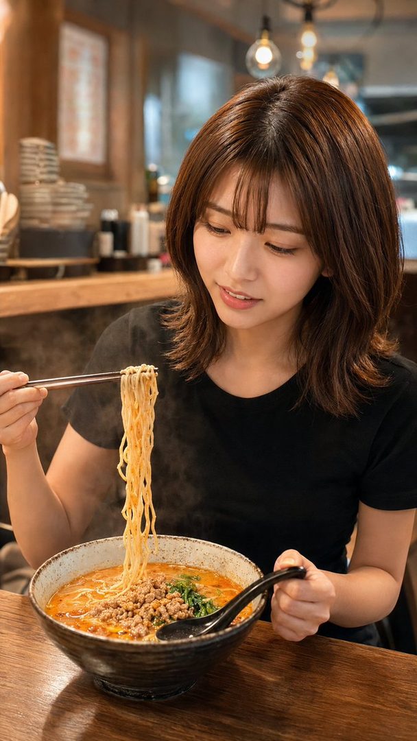A young woman with short brown hair and bangs is eating a bowl of tantanmen noodles with chopsticks in an indoor setting.