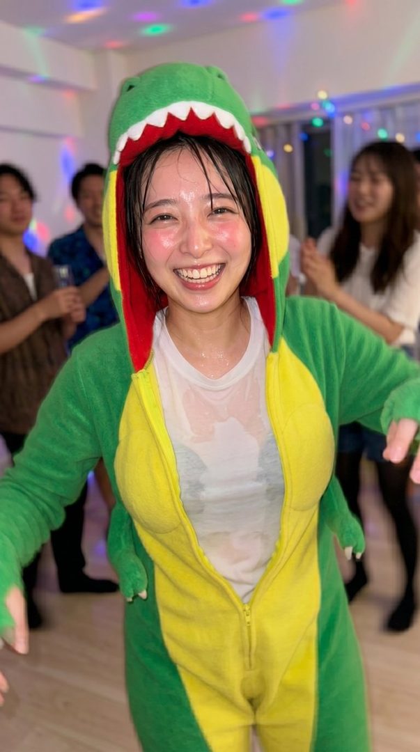 A smiling woman in a green and yellow dinosaur kigurumi with a wet white t-shirt underneath, at a party with disco lights.