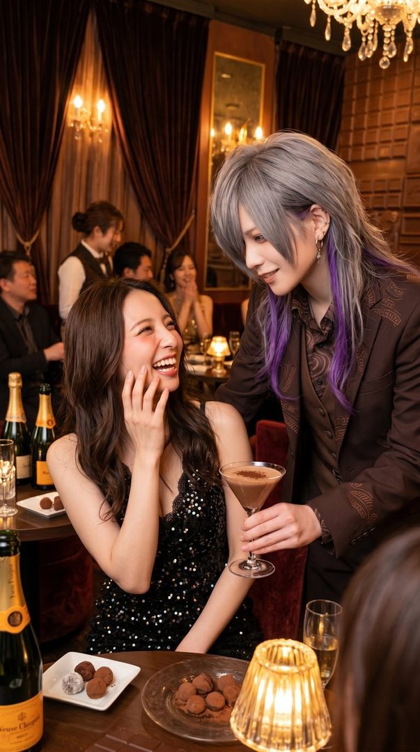 A woman in a sequined dress laughs while a person with silver and purple hair offers her a cocktail in a dimly lit restaurant.