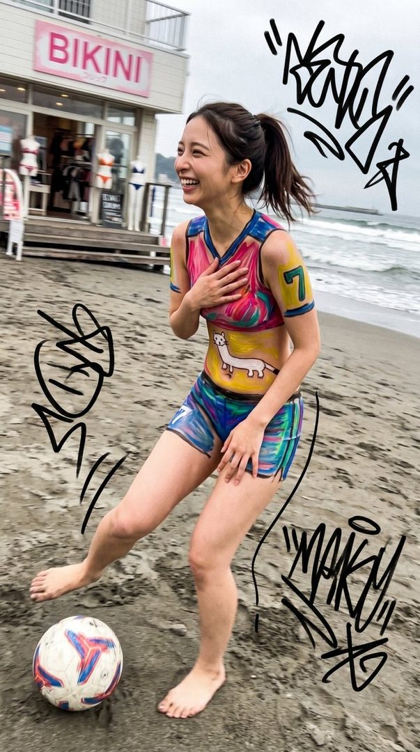 Smiling Japanese woman in a vibrant colorful swimsuit kicking a soccer ball barefoot on the beach.