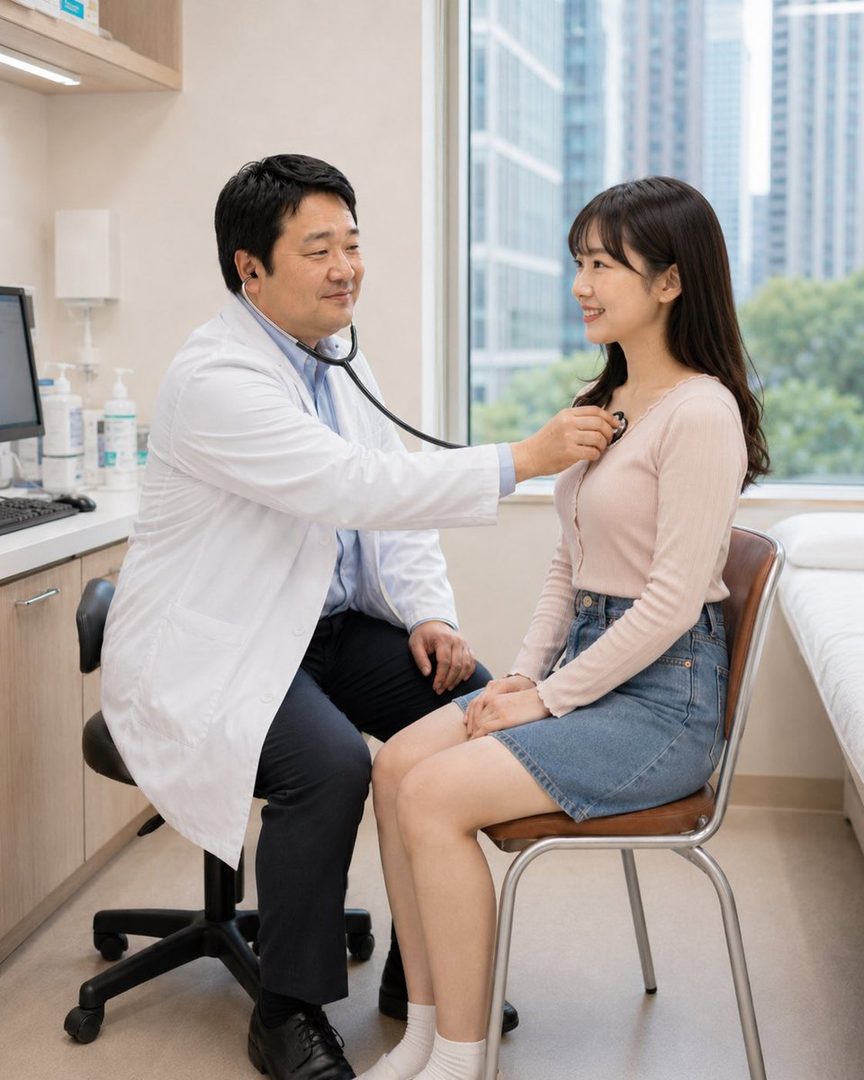 A female patient in a denim skirt and a male doctor in a white coat during a medical examination in a bright doctor's office.