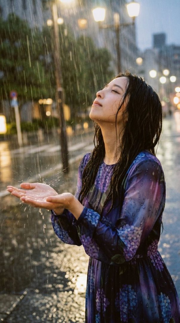 A woman in a purple floral dress stands in the rain at night, looking up with her hands cupped to catch raindrops.