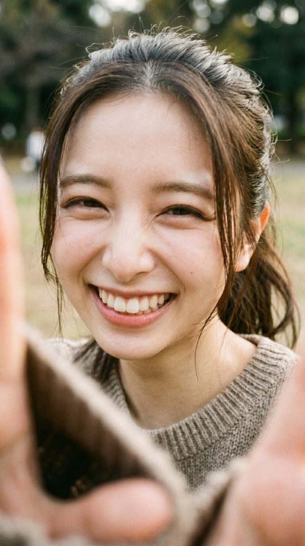 A young woman with brown hair tied in a ponytail smiles brightly at the camera, wearing a brown knitted sweater in an outdoor setting.