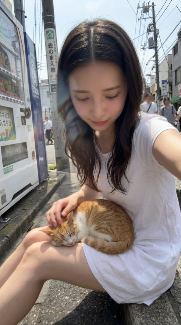A young woman with long dark hair in a white t-shirt dress sits on a curb, gently petting a sleeping orange cat on her lap, with a Japanese street scene and vending machine in the background.
