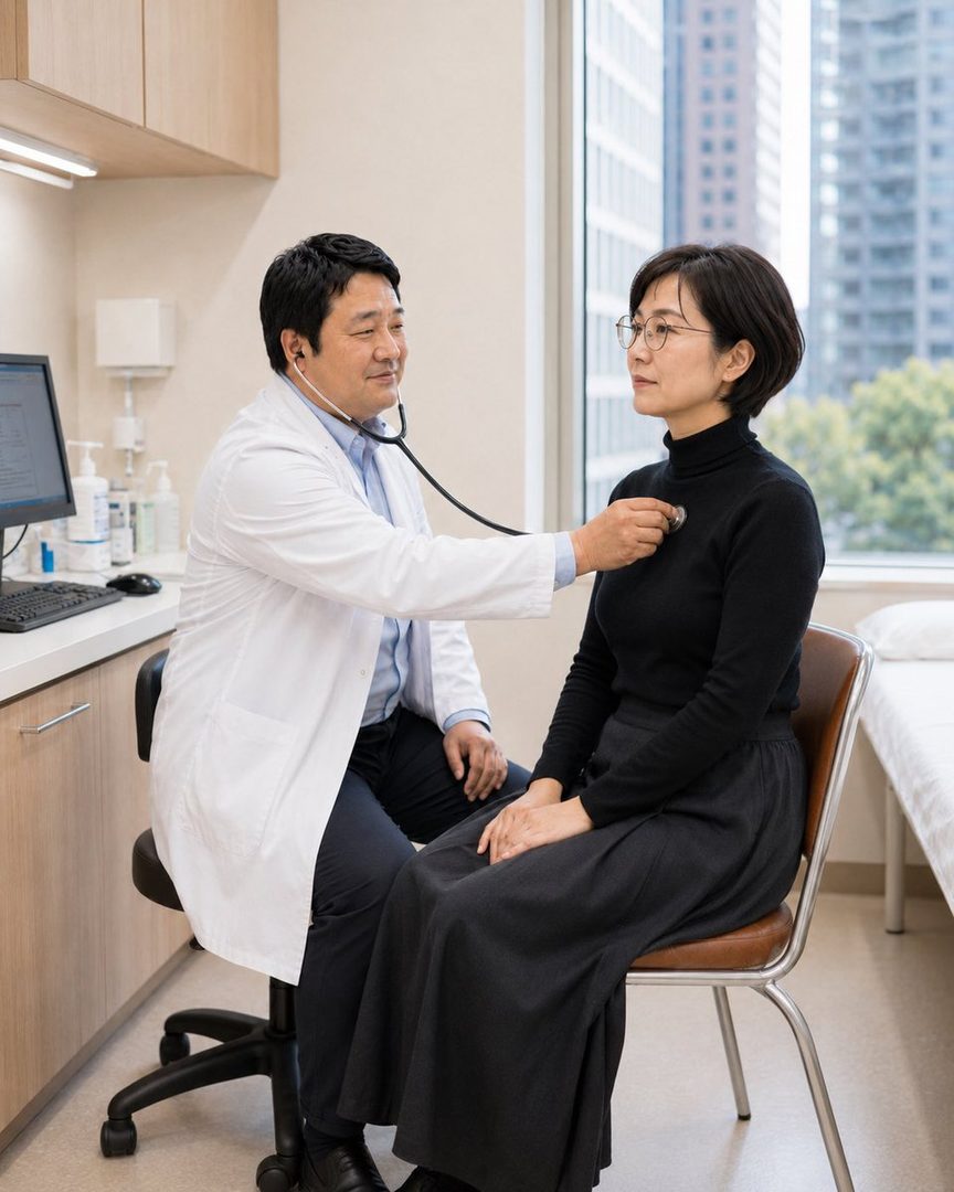 A male doctor in a white lab coat uses a stethoscope to examine a female patient wearing a black turtleneck and glasses in a modern doctor's office.