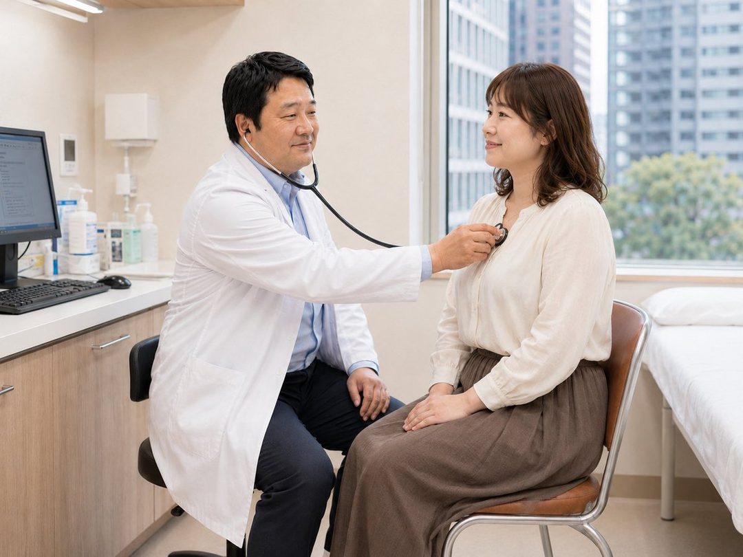 A male doctor in a white lab coat uses a stethoscope to examine a female patient sitting in a doctor's office.