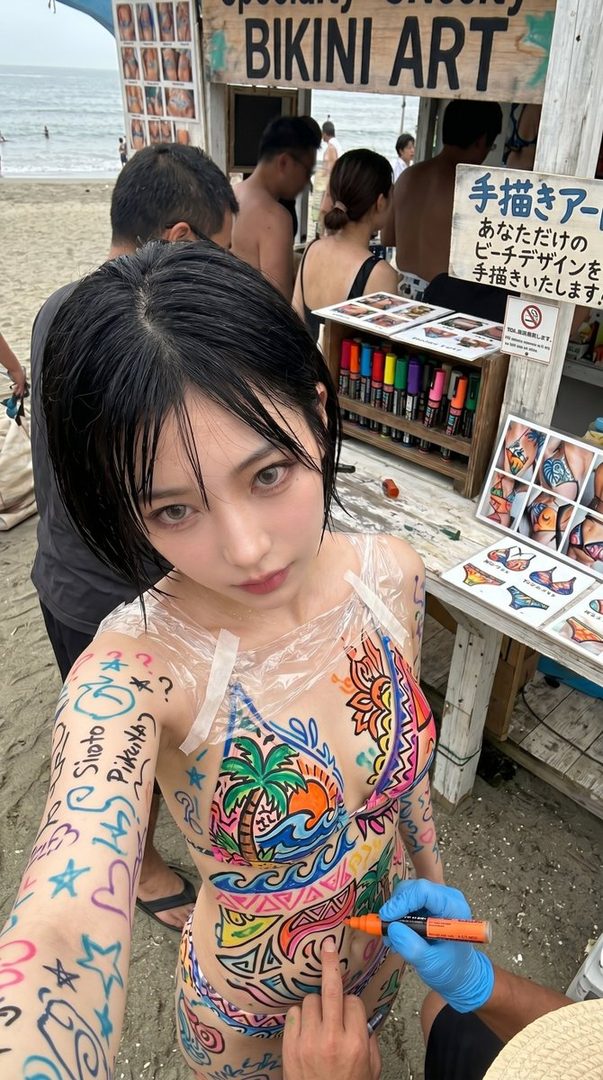 A young woman with short black hair poses for a selfie on a beach while getting colorful body paint applied, resembling a bikini, with a 'Bikini Art' stand in the background.