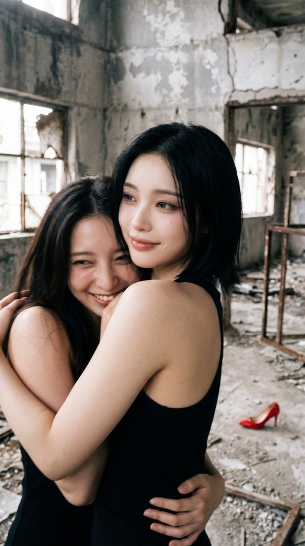 Two young women in black tops embrace in an abandoned building, one with a short bob and the other with long hair, with a red high heel visible on the floor.