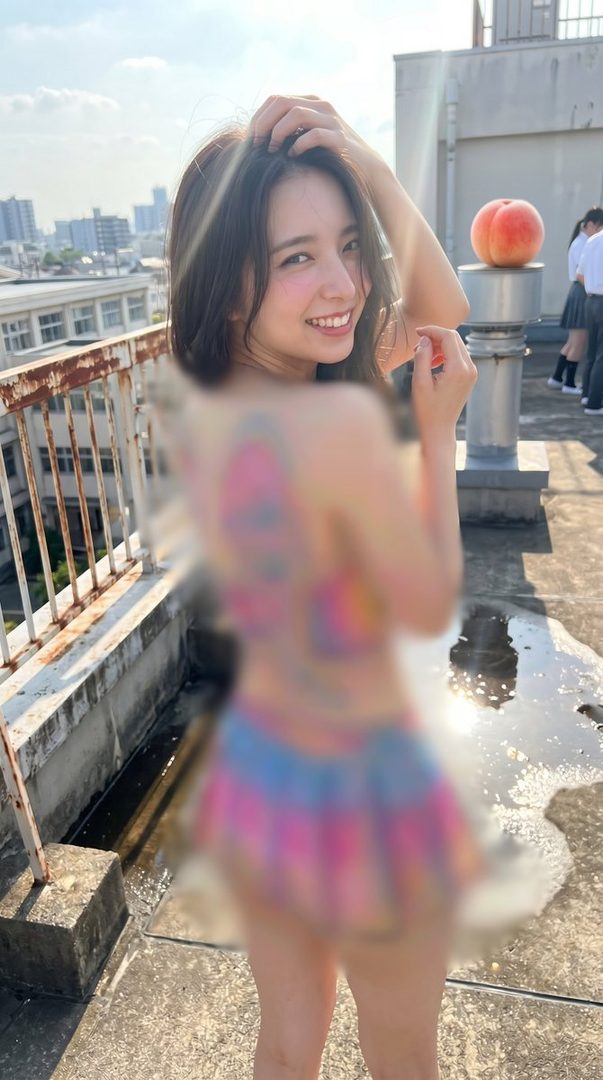Smiling young woman in colorful plaid skirt posing on sunny city rooftop with lens flare.