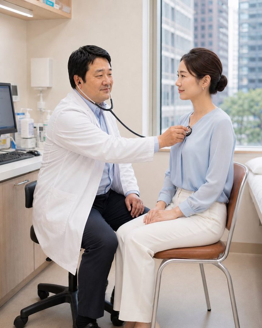 A male doctor in a white lab coat uses a stethoscope to examine a female patient in a light blue blouse and white pants in a modern doctor's office.