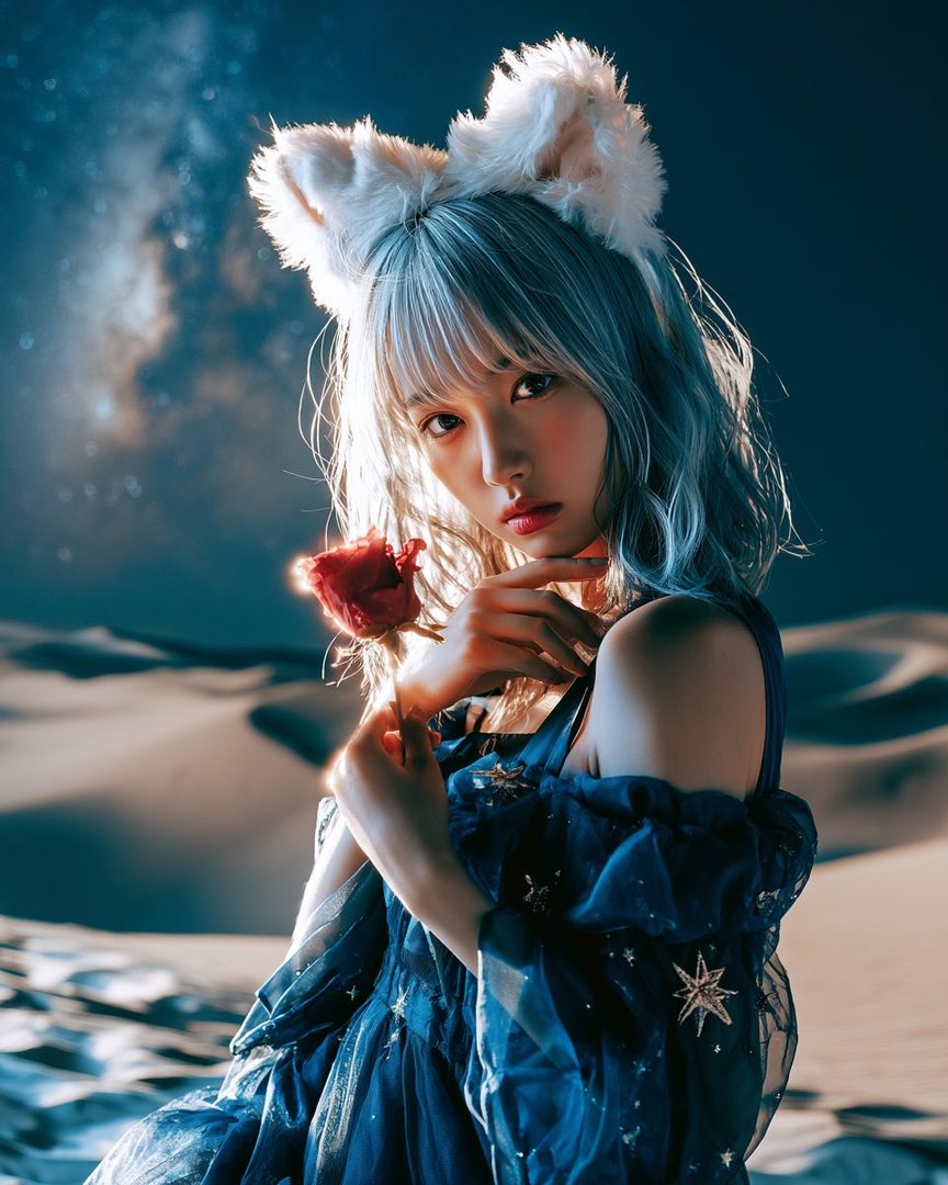 A woman with blue hair and cat ears holds a red rose, wearing a starry blue dress in a desert-like setting under a night sky.