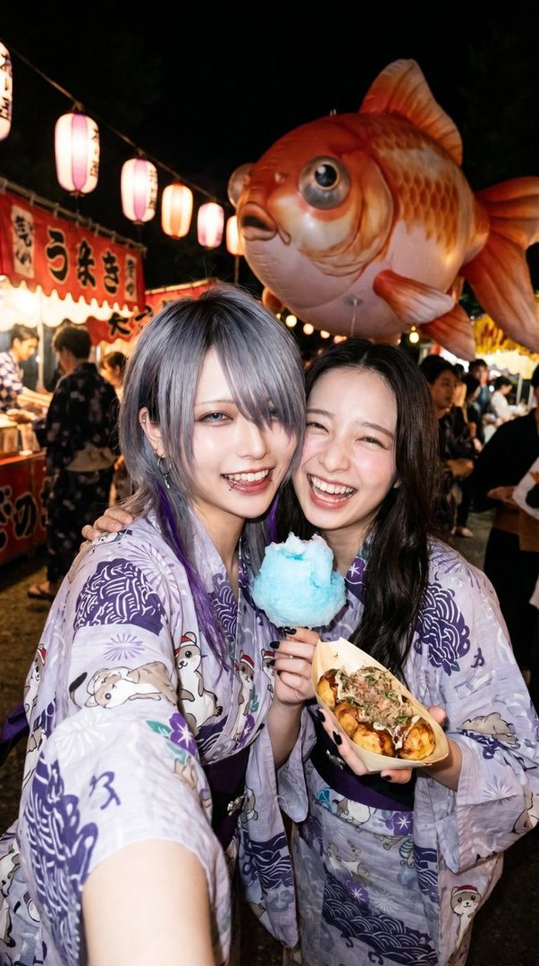 Two young women in yukata are smiling and holding cotton candy and takoyaki at a night festival with a large goldfish balloon in the background.