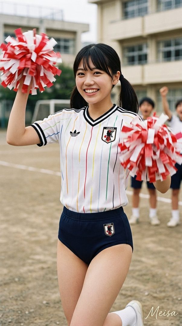 A young girl in a Japanese school uniform and pigtails smiles while holding red and white pom-poms on a schoolyard.