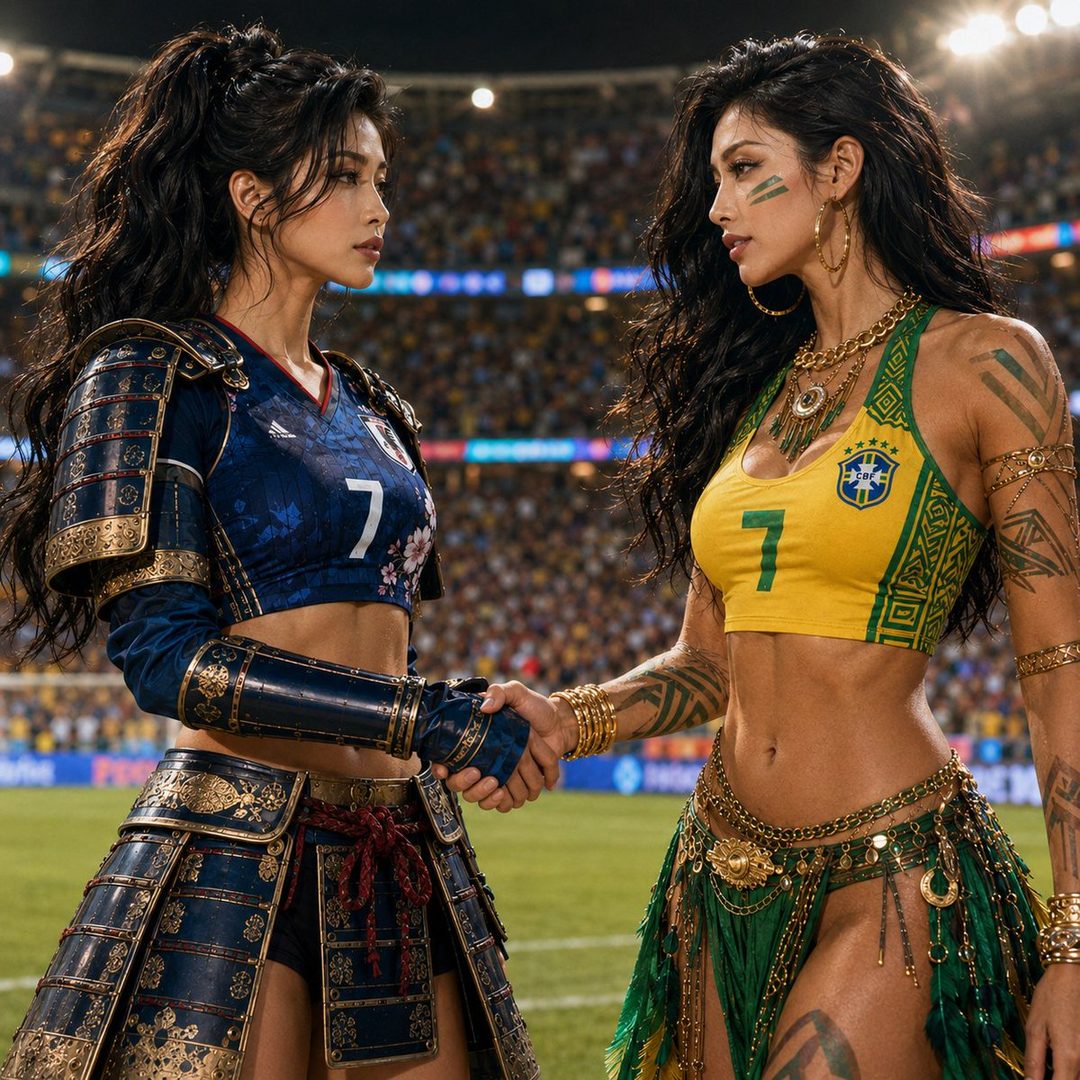 Two women in stylized soccer-themed outfits, one representing Japan and the other Brazil, shake hands on a soccer field.