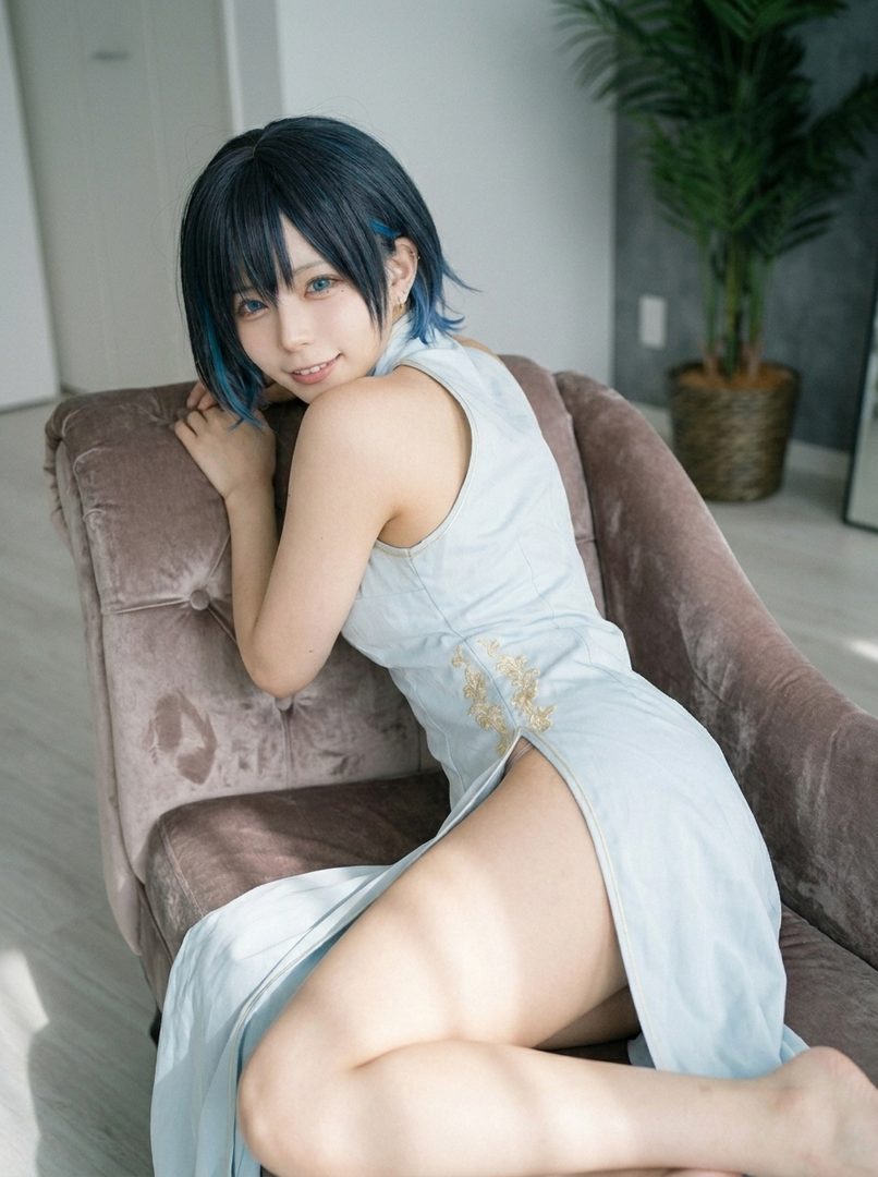 A woman with blue hair and a light blue dress with a high slit is posing on a chair indoors.