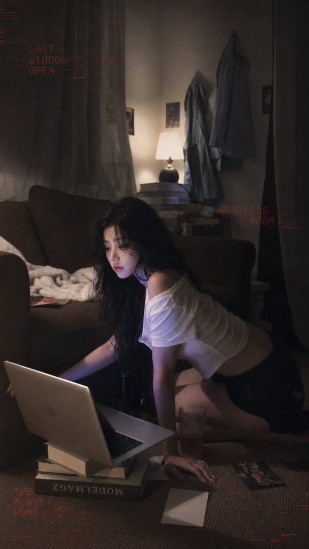 A woman with long dark hair is on her knees, looking at a laptop in a dimly lit room.
