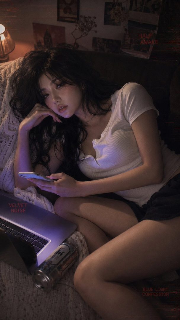 A woman with long black hair is lying down indoors, looking at her phone with a laptop and a drink can nearby.