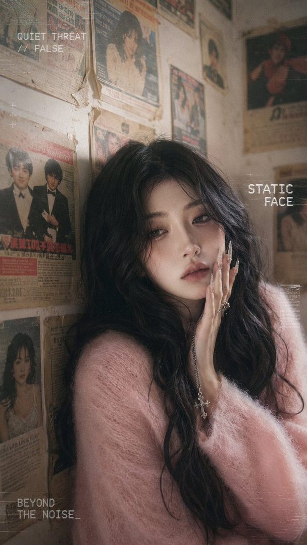A photorealistic portrait of a woman with long black hair and a pink fuzzy sweater, posing against a wall covered in old newspaper clippings, with text overlays.