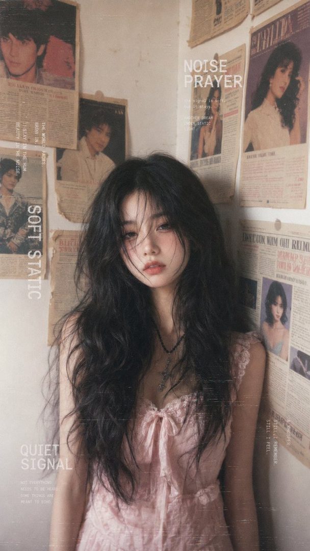 A photorealistic portrait of a young woman with long black hair, wearing a pink dress, standing against a wall covered with old newspaper clippings.