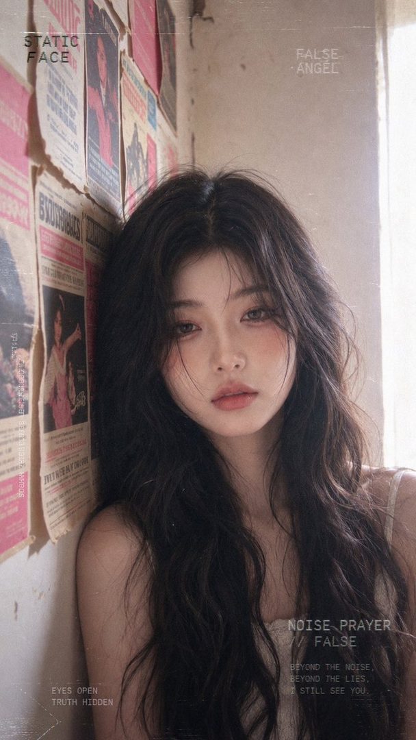 A photorealistic portrait of a young woman with long, dark, wavy hair, leaning against a wall covered in old newspapers, with a dreamy expression.