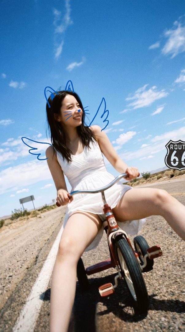 A young woman with drawn-on cat ears and wings smiles while riding a small tricycle on a desert road with a Route 66 sign in the background.