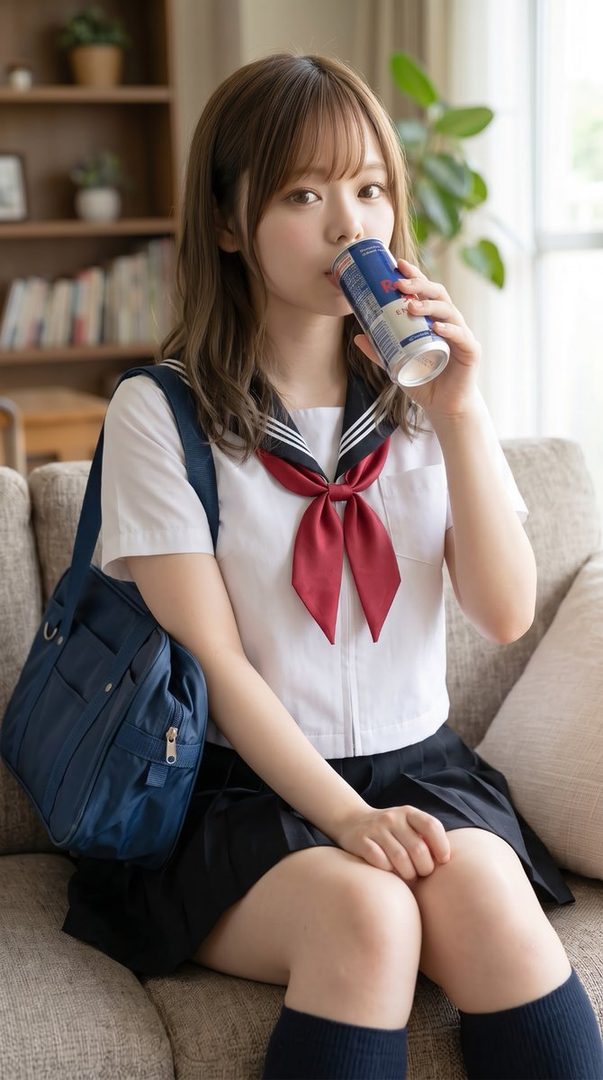 A young woman in a Japanese school uniform is sitting on a couch and drinking from a Red Bull can.