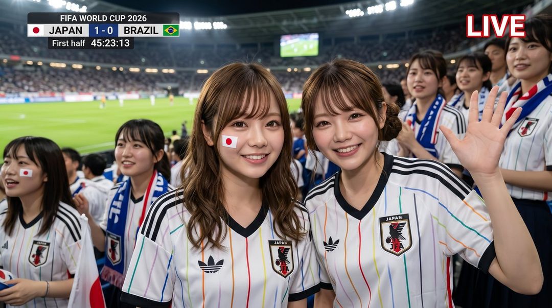 Two young Japanese women in soccer jerseys smile and wave at a FIFA World Cup 2026 match between Japan and Brazil.