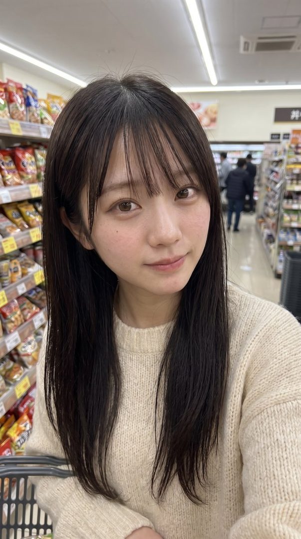 A young woman with long black hair and bangs, wearing a light-colored sweater, poses for a selfie in a grocery store aisle.