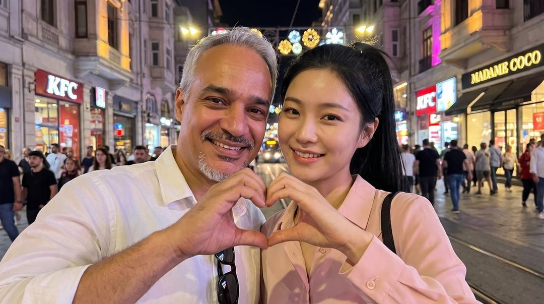 A man and a woman smile at the camera, forming a heart shape with their hands on a bustling city street at night.