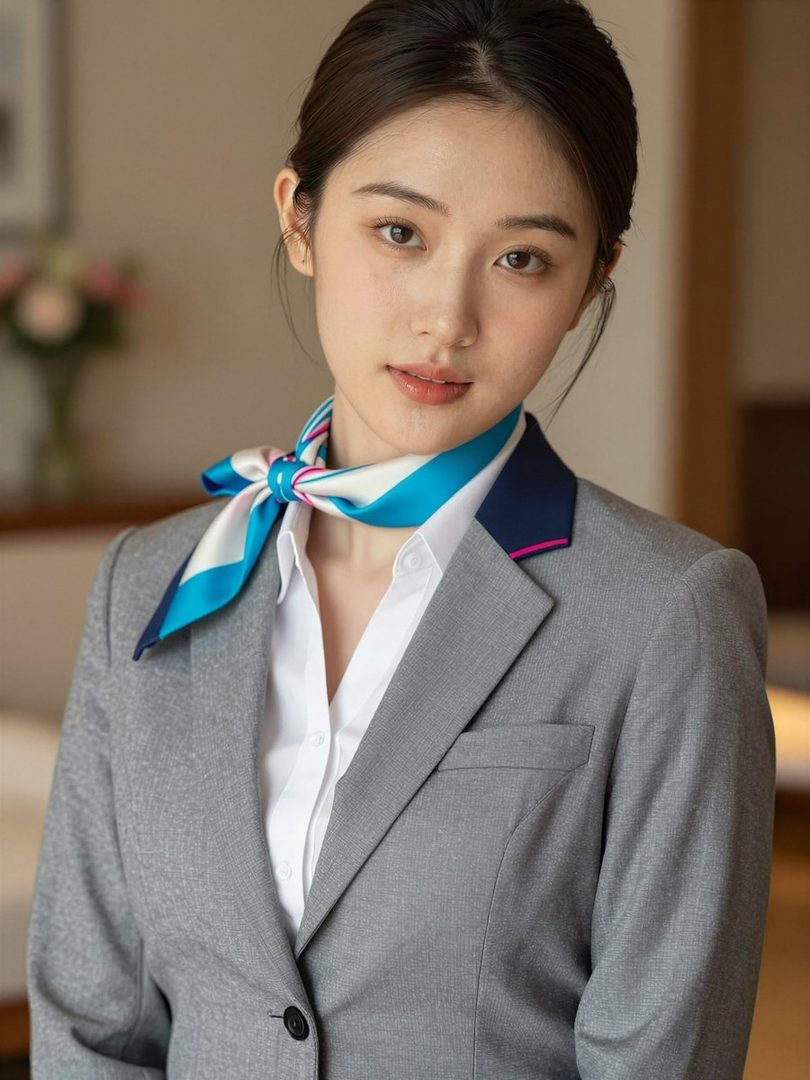 A photorealistic portrait of a young East Asian woman wearing a grey suit jacket and a colorful scarf.