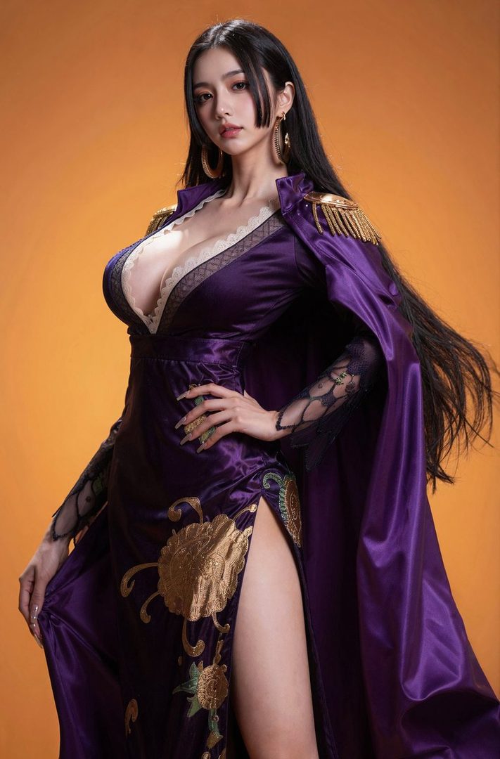 A photorealistic image of a woman cosplaying as Boa Hancock from One Piece, wearing a purple dress with gold embroidery and a deep V-neckline, against an orange background.