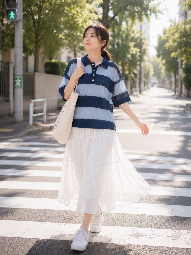 A young woman with brown hair tied in a ponytail, wearing a blue and white striped polo shirt and a long white skirt, walks across a crosswalk on a sunny day.
