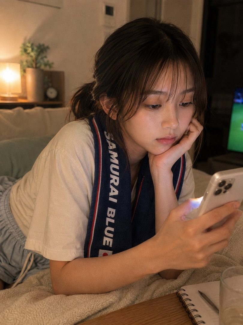 A young woman with brown hair and bangs, wearing a white t-shirt and a 'SAMURAI BLUE' scarf, lies on a bed while looking at her smartphone at night.