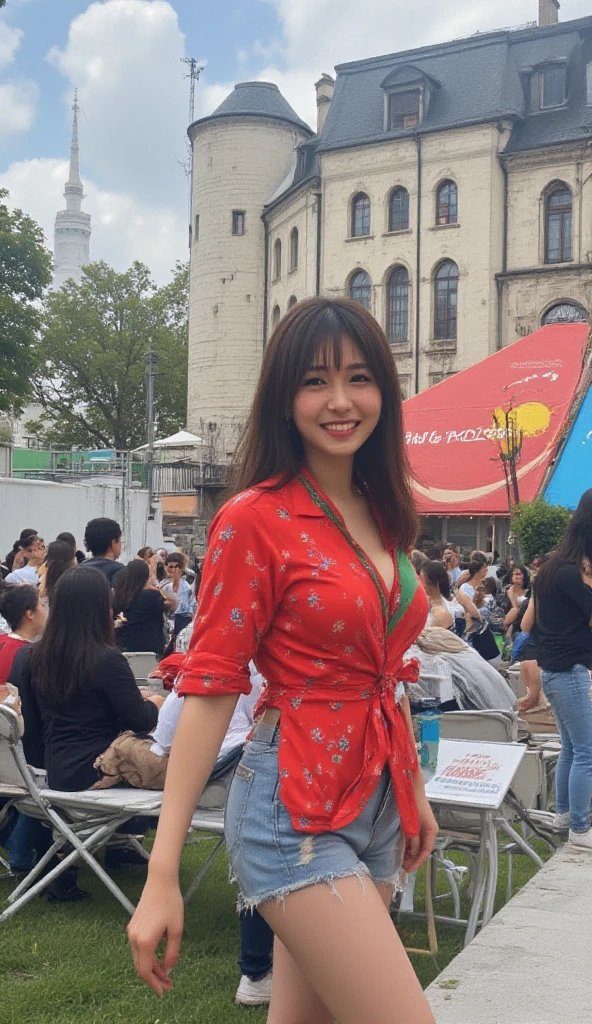 A smiling Japanese woman with long brown hair and bangs, wearing a red floral shirt and denim shorts, stands outdoors in front of a building with a tower in the background.